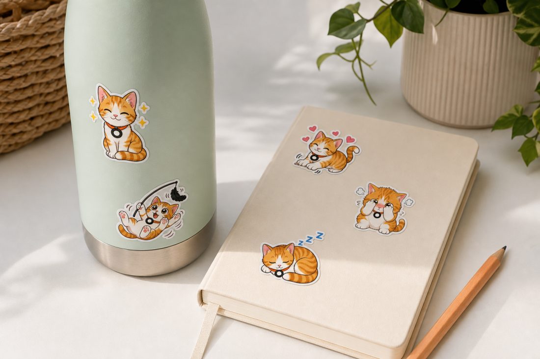 猫の小さなステッカーが貼られた水筒とノート